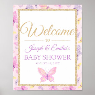 Affiche Baby shower papillon rose et violet Bienvenue