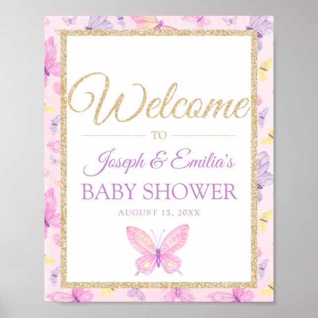 Affiche Baby shower papillon rose et violet Bienvenue (Devant)