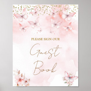 Affiche Baby shower papillon rose Livre d'invité