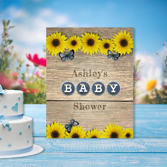 Affiche Baby Shower Papillon Tournesol Rustique (Créateur téléchargé)