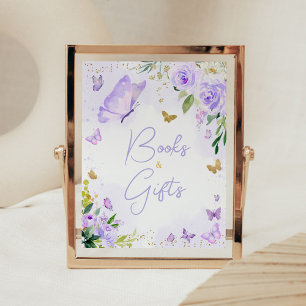 Affiche Baby shower papillon violet Livres et cadeaux