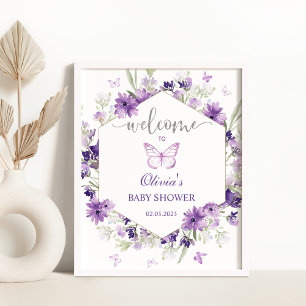 Affiche Baby shower papillon violet signe d'accueil