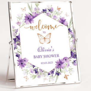 Affiche Baby shower papillon violet signe d'accueil