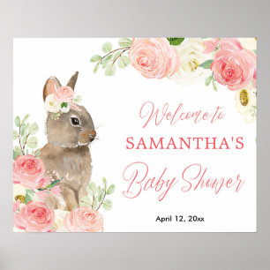 Affiche Baby shower Pâques rose fleuri signe de bienvenue