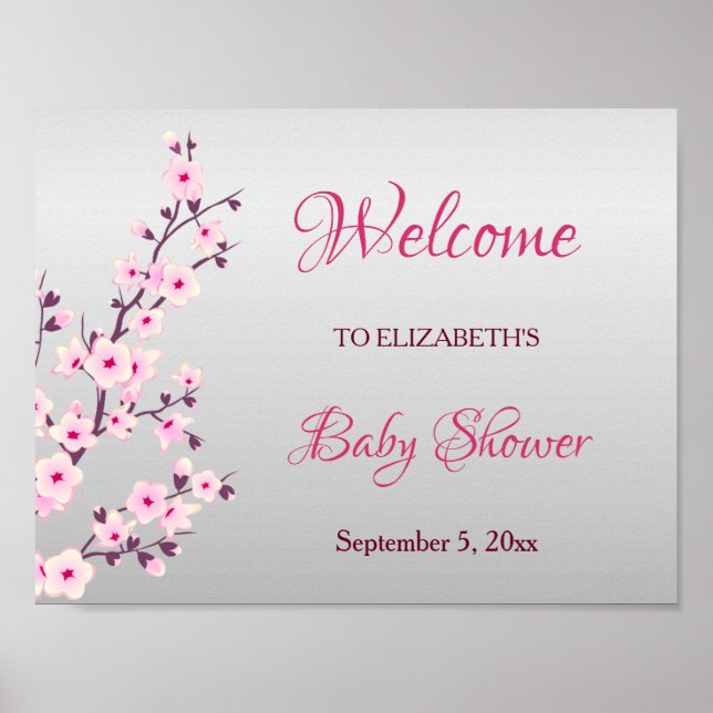 Affiche Baby shower personnalisé rose gris cerise (Devant)