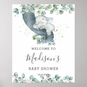 Affiche Baby shower petit éléphant vert Bienvenue