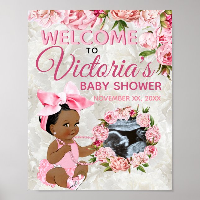 Affiche Baby shower photo Ethnic Baby Girl Pink Peony (Devant)