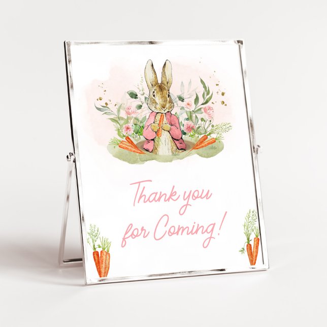 Affiche Baby shower Pierre rose Rabbit Merci pour venir (A Little Bunny Spring Baby Shower Thank you for Coming Sign)