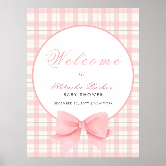Affiche Baby shower Pink En vichy Plaid Bow Girl Bienvenue (Devant)