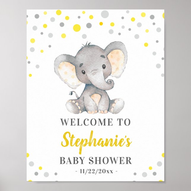 Affiche Baby shower Pointe d'éléphant gris jaune Bienvenue (Devant)