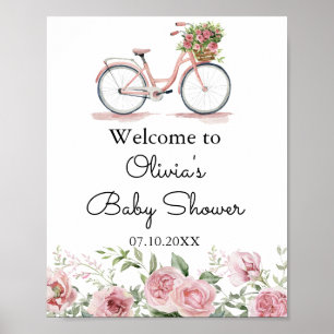 Affiche Baby shower pour fille à vélo Vintage rose mou