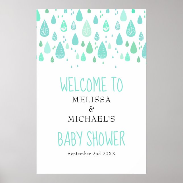 Affiche Baby shower Raindrops mignon / Bienvenue à l'arros (Devant)