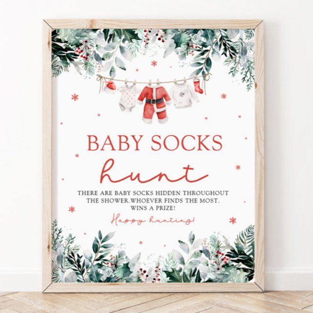 Affiche Baby shower Red Père Noël Genre Neutre Chaussettes (Watercolor Red Santa Gender Neutral Baby Socks Baby Shower Sign)