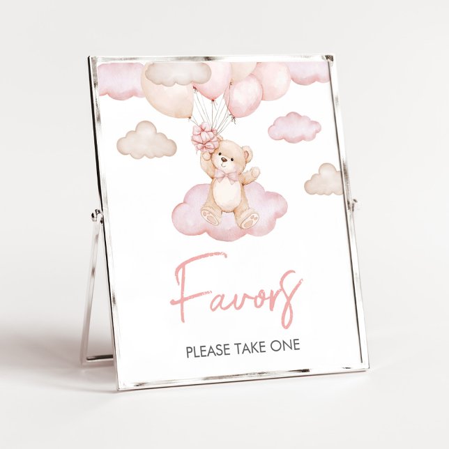 Affiche Baby shower rose Bear Bear Balloon Faveurs (Pink Baby Bear Balloon Baby Shower Favors Sign)