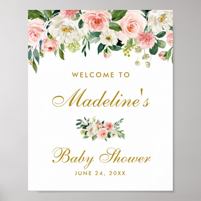 Affiche Baby shower Rose Blush Floral Gold Bienvenue (Devant)