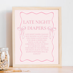 Affiche Baby shower rose Bow Late Night Diapers Partie