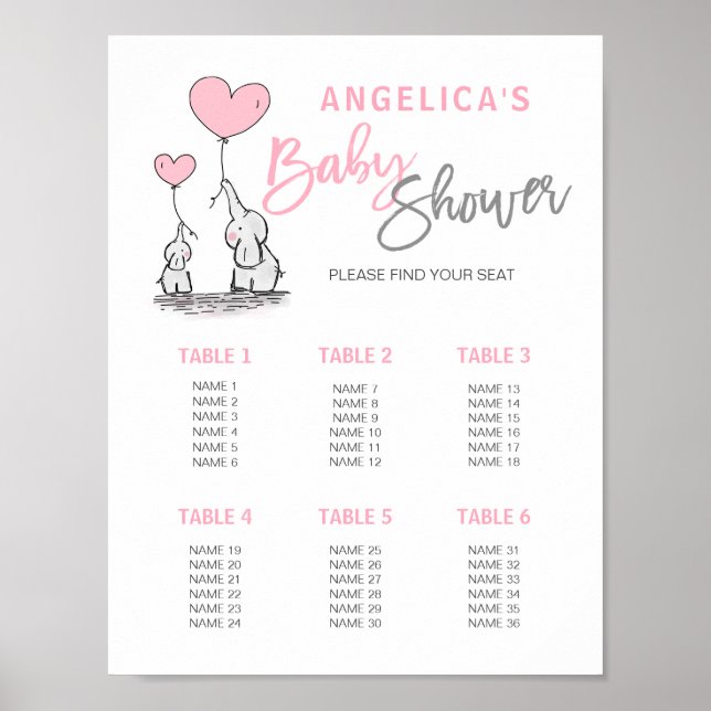 Affiche BABY SHOWER rose Elephant Girl Seating Chart (Devant)