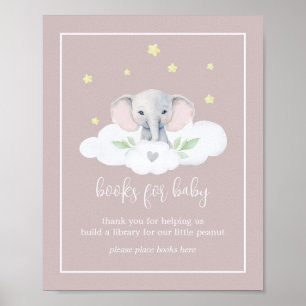 Affiche Baby shower rose éléphant Livres pour bébé