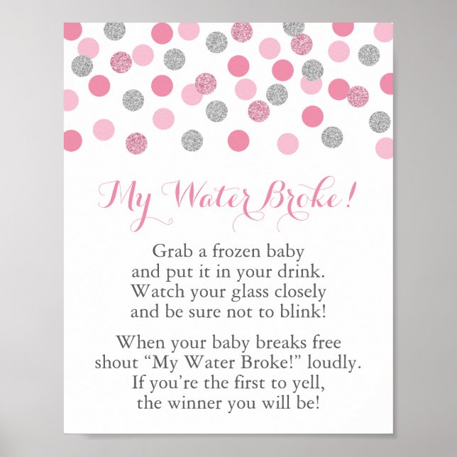 Affiche Baby shower rose et argent My Water Broke Jeu (Devant)