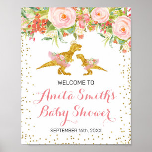 Affiche Baby shower rose et or Dino signe de bienvenue