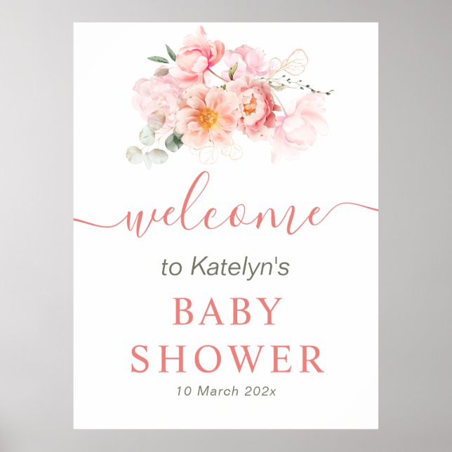 Affiche baby shower rose fleuri signe de bienvenue (Devant)