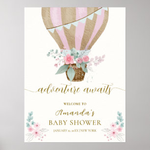 Affiche Baby shower rose Floral à air chaud Bienvenue