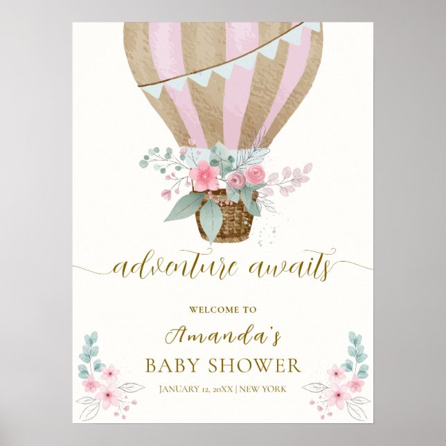 Affiche Baby shower rose Floral à air chaud Bienvenue (Devant)