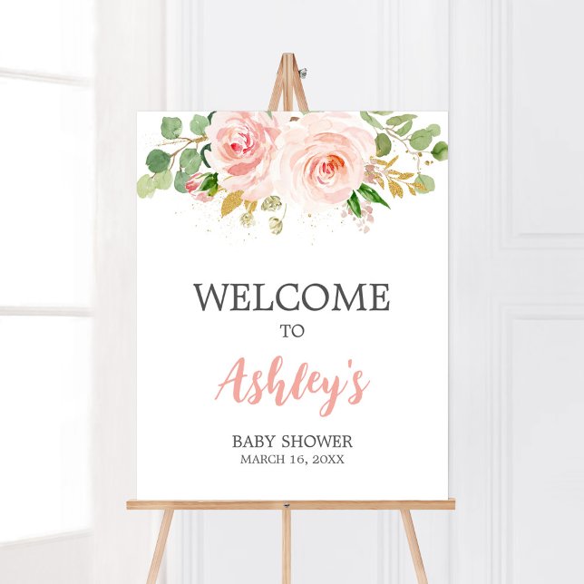Affiche Baby shower rose Floral Accueil (A Sweet Baby Girl Baby Shower Welcome Sign)
