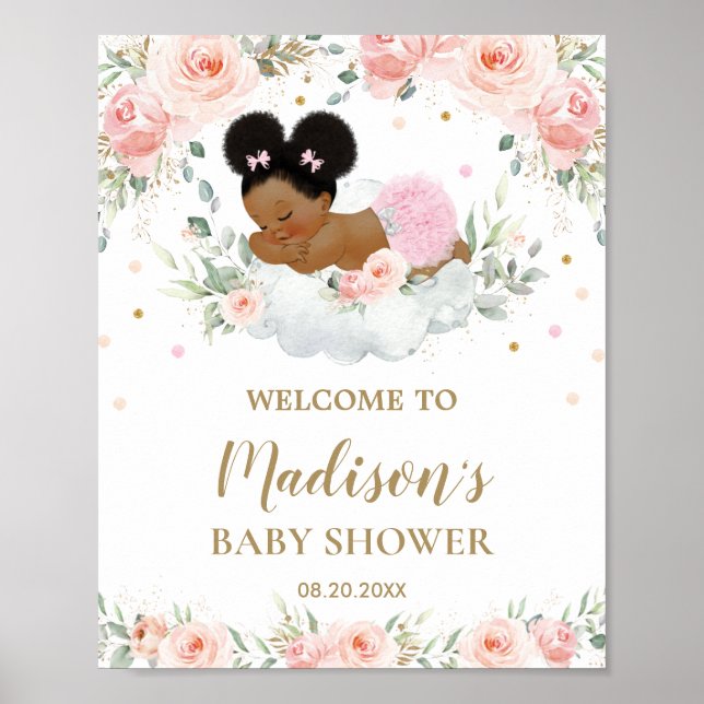 Affiche Baby shower rose Floral Africain Américain Accueil (Devant)