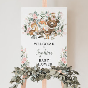 Affiche Baby shower rose Floral Bois Animaux Bienvenue