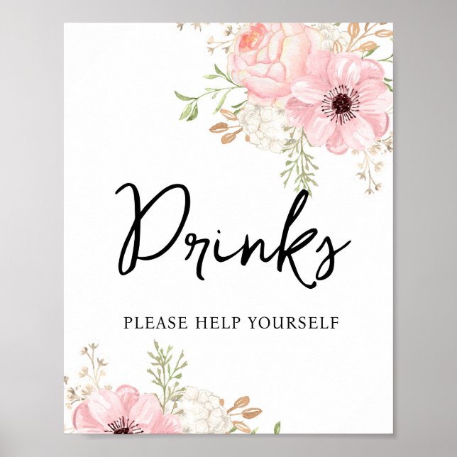 Affiche Baby shower Rose Floral Boissons (Devant)