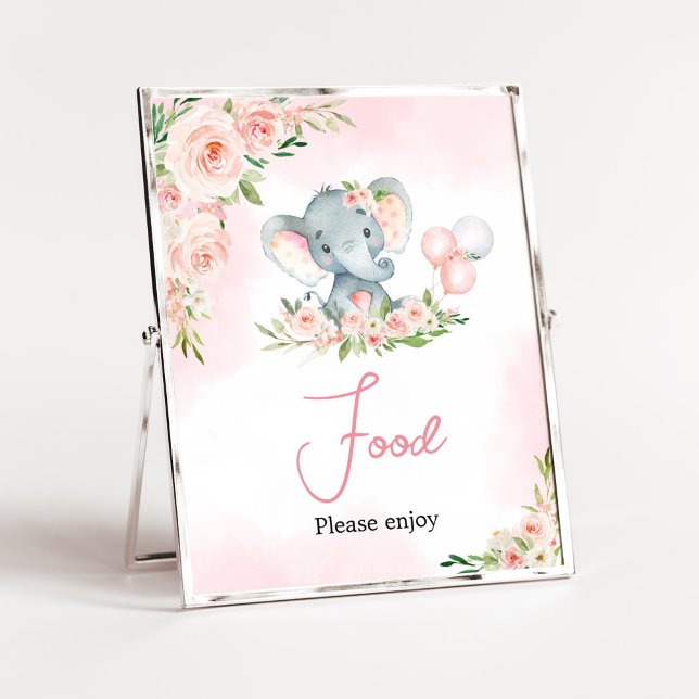 Affiche Baby shower rose Floral Eléphant Balloon (Floral Balloon Elephant Baby Shower Food Sign)