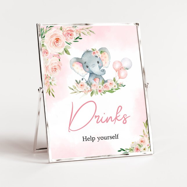 Affiche Baby shower rose Floral Elephant Balloon Boissons (Floral Balloon Elephant Baby Shower Drinks Sign)