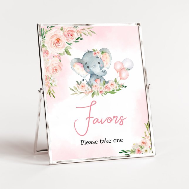 Affiche Baby shower rose Floral Elephant Balloon Faveurs (Floral Balloon Elephant Baby Shower Favors Sign)