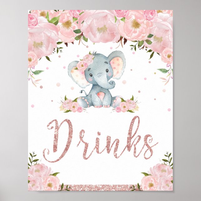 Affiche Baby shower rose Floral Elephant Boissons Signer D (Devant)