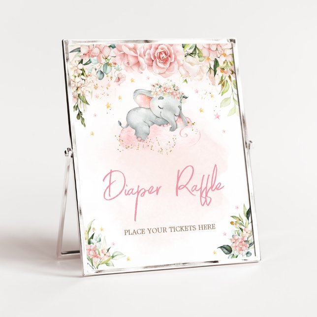 Affiche Baby shower rose Floral Eléphant Déchets Raffin (Pink Floral Sleeping Elephant Baby Shower Diaper Raffle Sign)