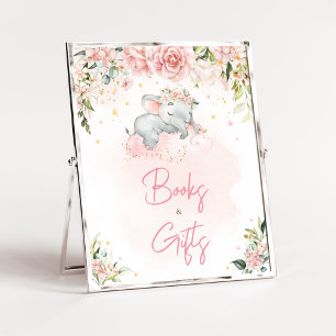 Affiche Baby shower rose Floral Elephant Livres et Cadeaux