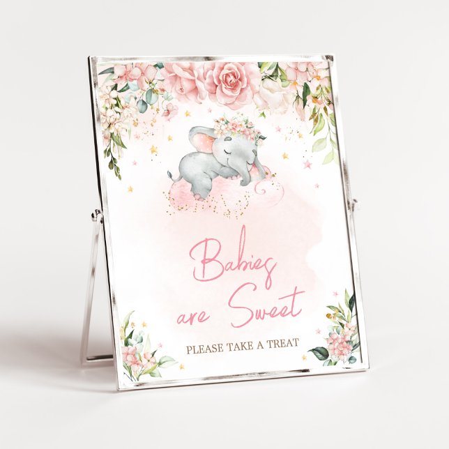 Affiche Baby shower rose Floral Les bébés sont doux (Pink Floral Sleeping Elephant Baby Shower Babies are Sweet Sign)