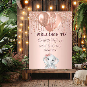 Affiche Baby Shower rose gold pailleté éléphant bienvenue