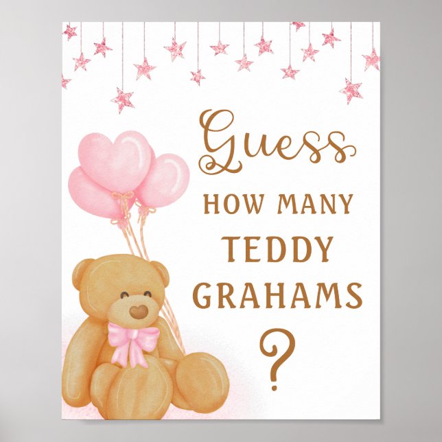 Affiche Baby shower rose Jeu de devinette Signé Teddy Bear (Devant)