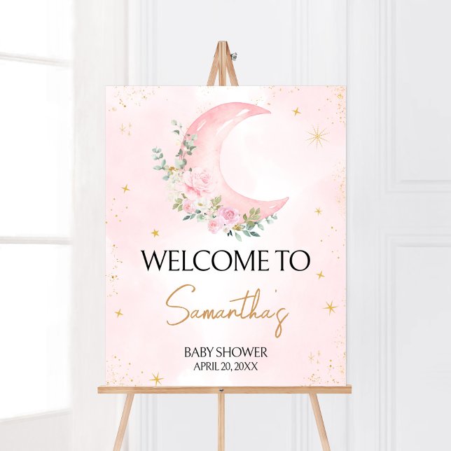 Affiche Baby shower rose Lune et étoiles Bienvenue (Twinkle Little Star Baby Shower Welcome Sign)