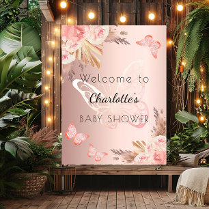 Affiche Baby shower rose or rousse papillon bienvenue