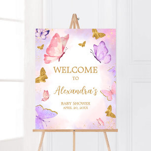 Affiche Baby shower rose or violet papillon Bienvenue