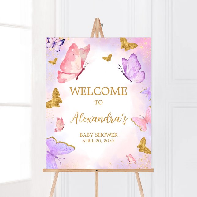 Affiche Baby shower rose or violet papillon  Bienvenue (Boho Butterfly Baby Shower Welcome Sign)