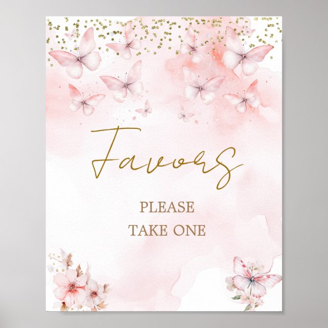 Affiche Baby shower rose papillon Fille Faveur Signer (Devant)