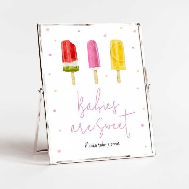 Affiche Baby shower rose Popsicle Les bébés sont doux (She's Ready to Pop Baby Shower Babies are Sweet Sign)
