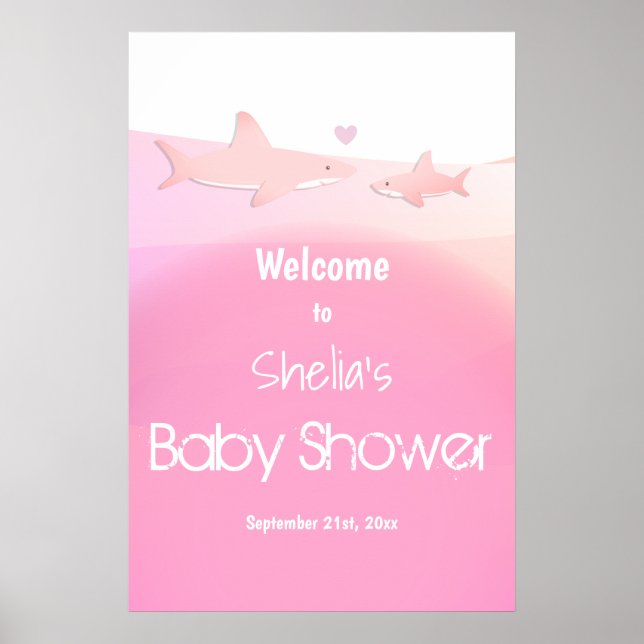 Affiche Baby shower rose requin Bienvenue (Devant)