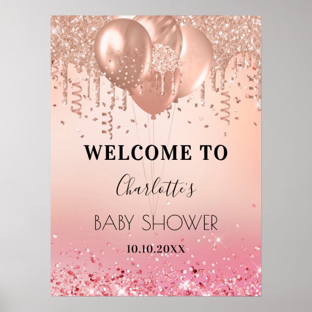 Affiche Baby shower rose rose or parties scintillant accue (Devant)