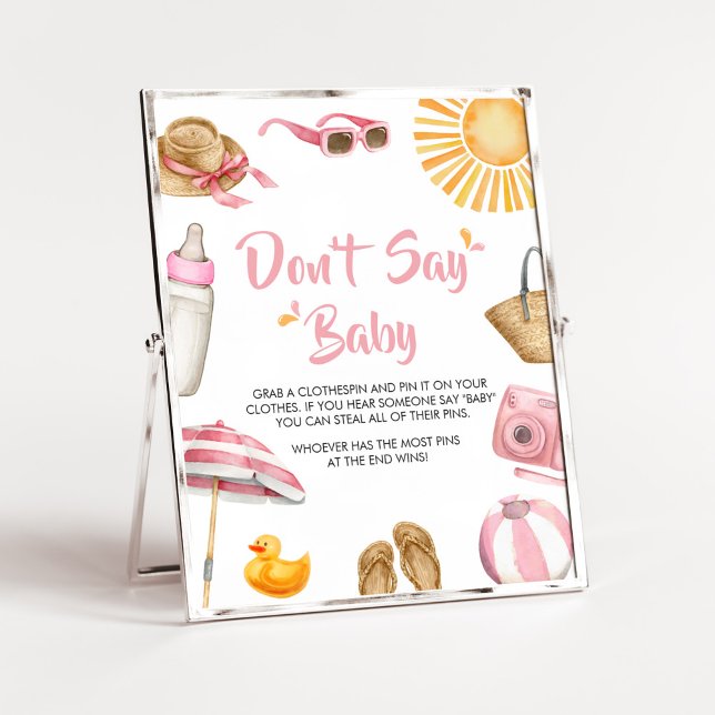 Affiche Baby shower rose Splish Splash Ne pas dire bébé (Girl Summer Beach Baby Shower Don't Say Baby Sign)