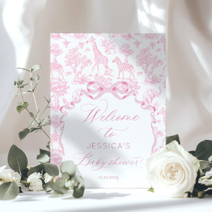 Affiche Baby shower rose Toile de Jouy Safari Accueil